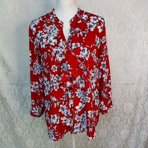 Karl Lagerfeld Paris red with white flowers button down front blouse size L